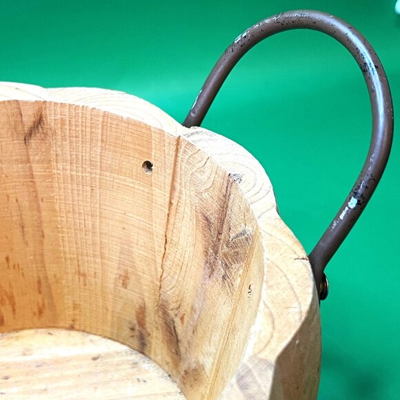 Rustic Handmade Wood Pumpkin Bowl Basket Metal Leaf Handles Fall Farmhouse - Picture 11 of 12